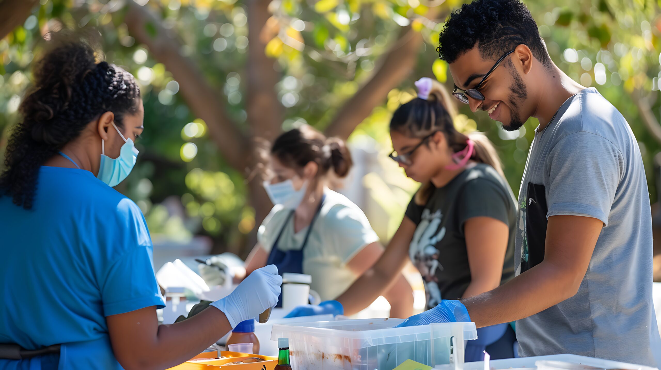 Grupo de voluntarios colaborando al aire libre en una jornada comunitaria, preparando alimentos y suministros con guantes y barbijos en un entorno natural.